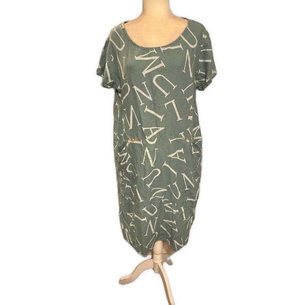 made in italy linen blue white short sleeve Knee letter dress Large 14 / 16